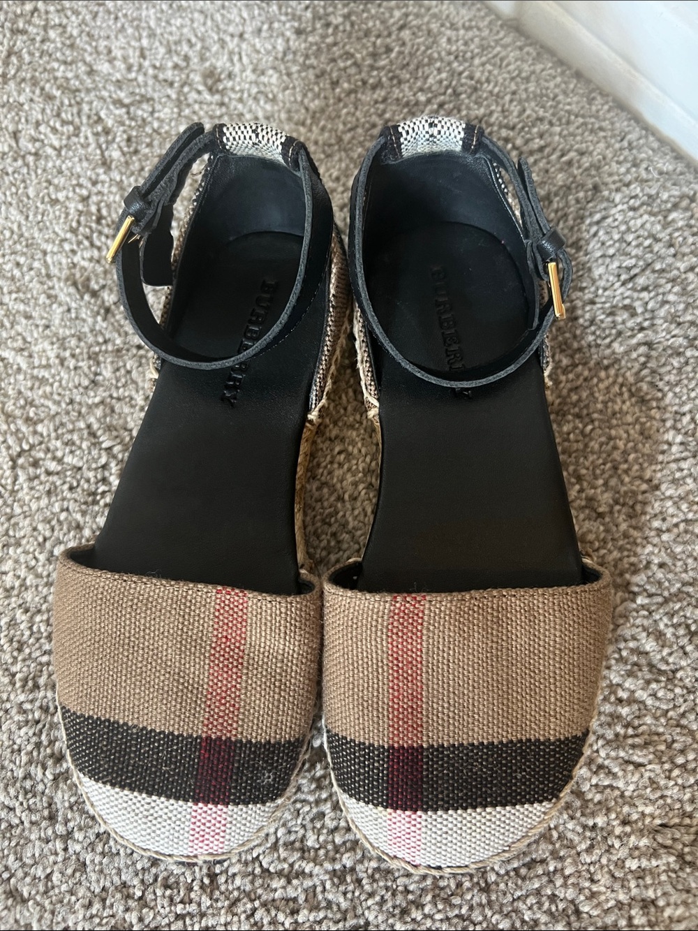 Burberry Tan, Black & Cream Espadrille Ankle-Strap Sandals